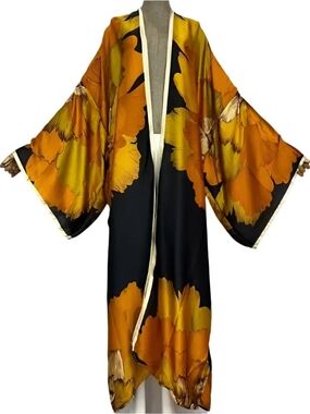 Floral Satin Kimono Robe - Black & Mustard